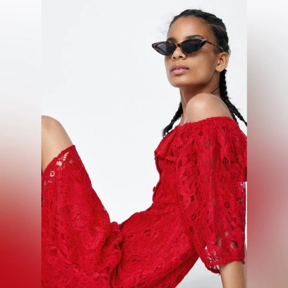 Zara Off Shoulder red lace midi dress size small - Picture 4 of 9